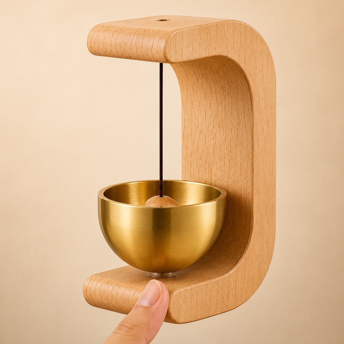Wooden meditation bell with brass chime beside cup