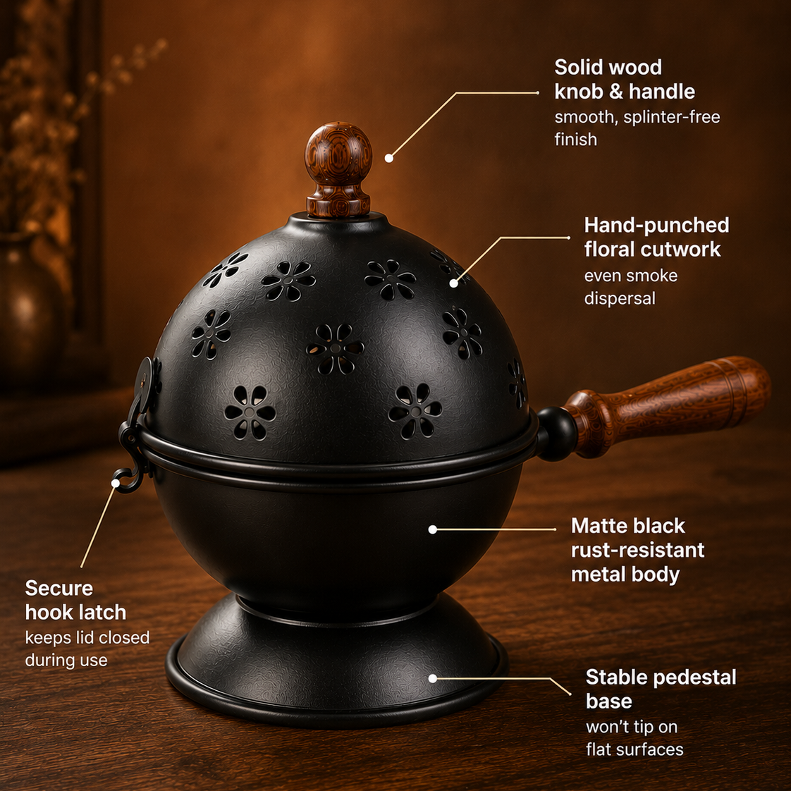 A matte black metal incense burner with floral cutouts, a wooden knob and handle, and a stable pedestal base, shown on a wooden surface with callout labels explaining features.