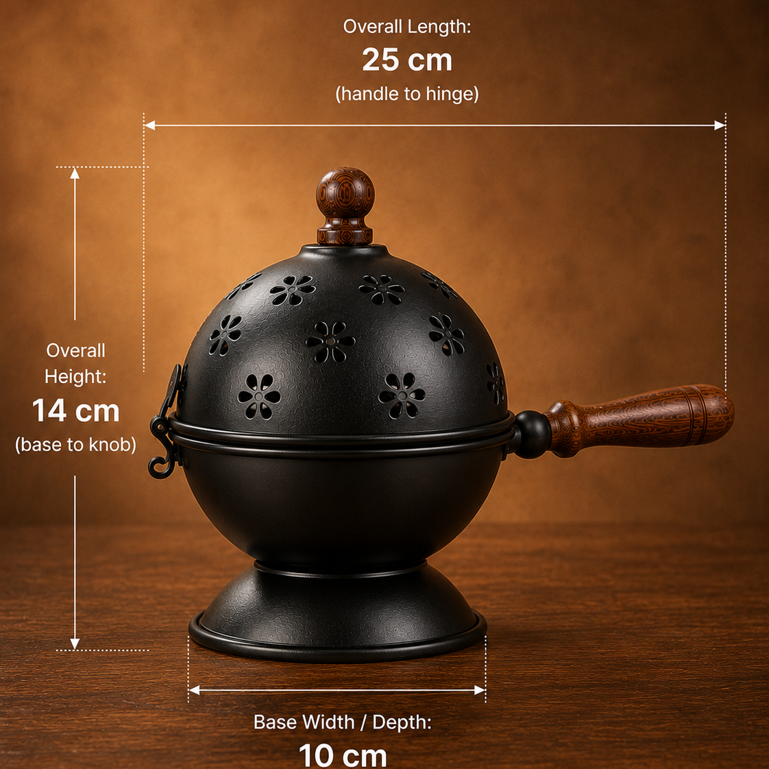 Black metal tea infuser with a wooden handle and knob, shown on a wooden surface with dimension labels indicating overall length 25 cm, overall height 14 cm, and base width/depth 10 cm.