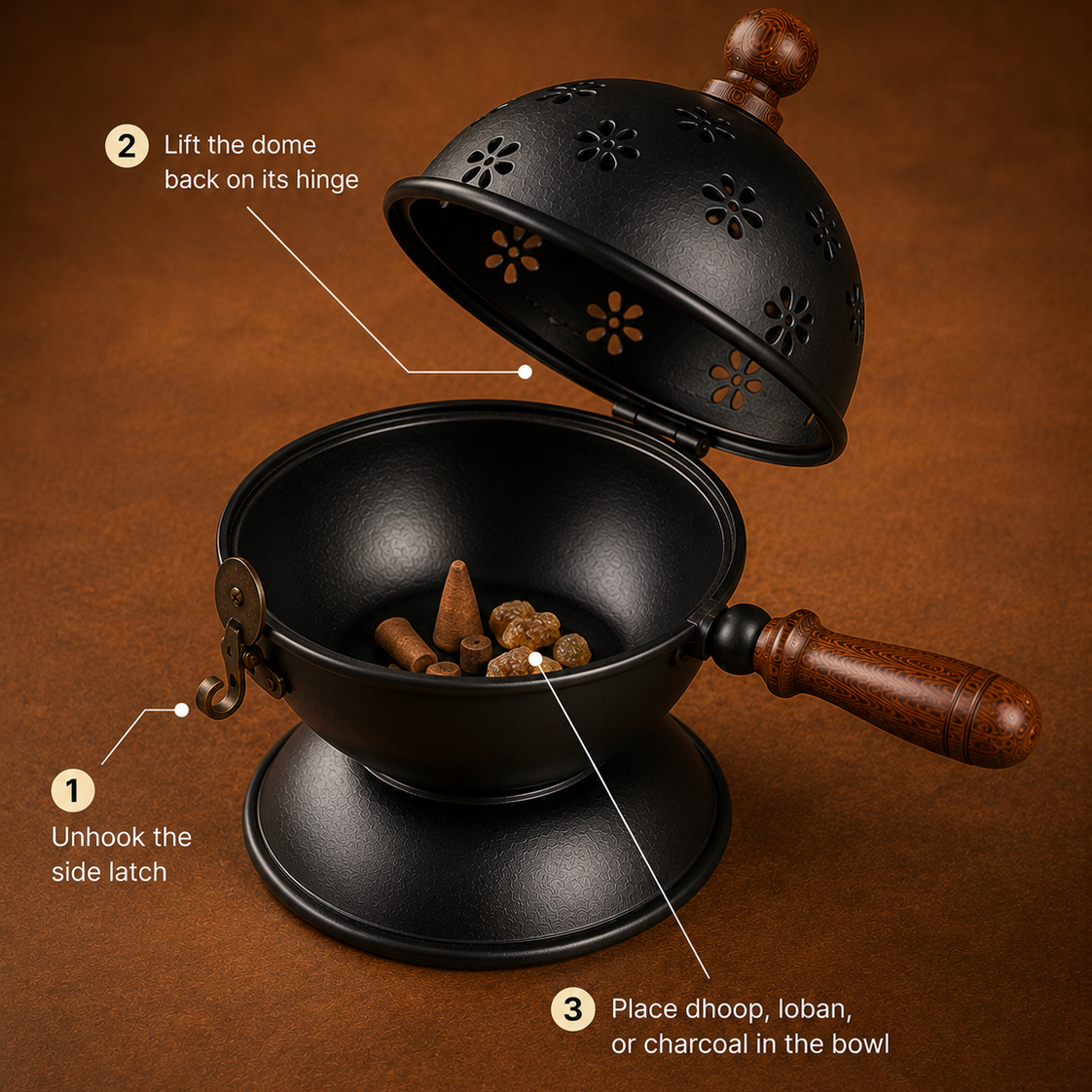 Black metal dhoop holder with a perforated dome lid and wooden handle, shown open on a brown background with overlaid numbered callouts explaining how to lift the dome, unhook the side latch, and place dhoop or charcoal inside.
