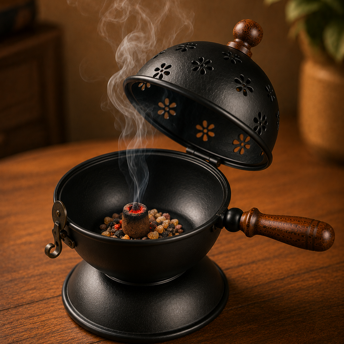 A black metal incense burner set with a perforated lid, shown with incense and smoke rising. The burner has a wooden handle and sits on a wooden table with a warm, cozy background.