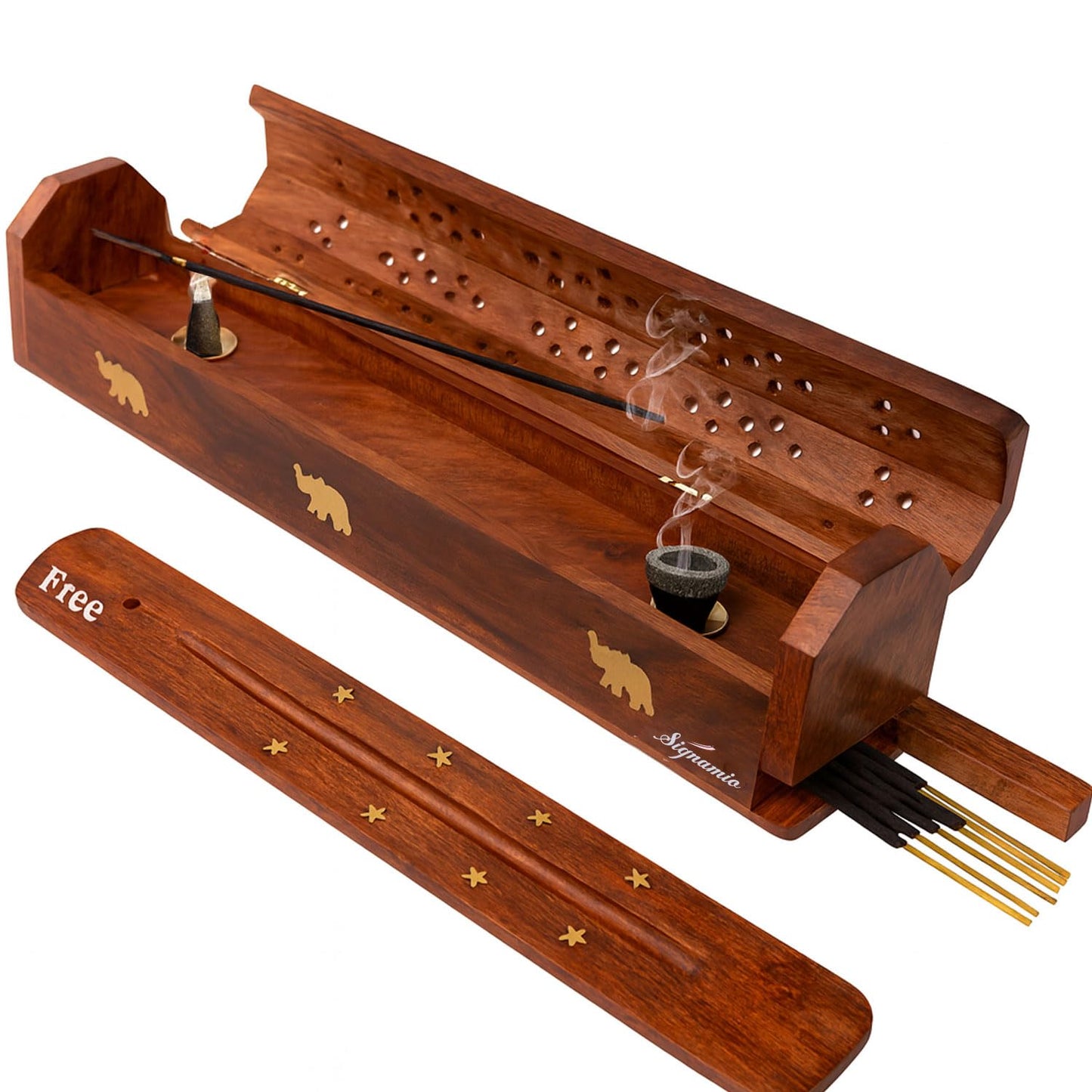Wooden Agarbatti & Dhoop Holder with Ash Catcher – 10 Inch