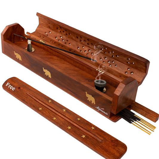 Wooden Agarbatti & Dhoop Holder with Ash Catcher – 10 Inch
