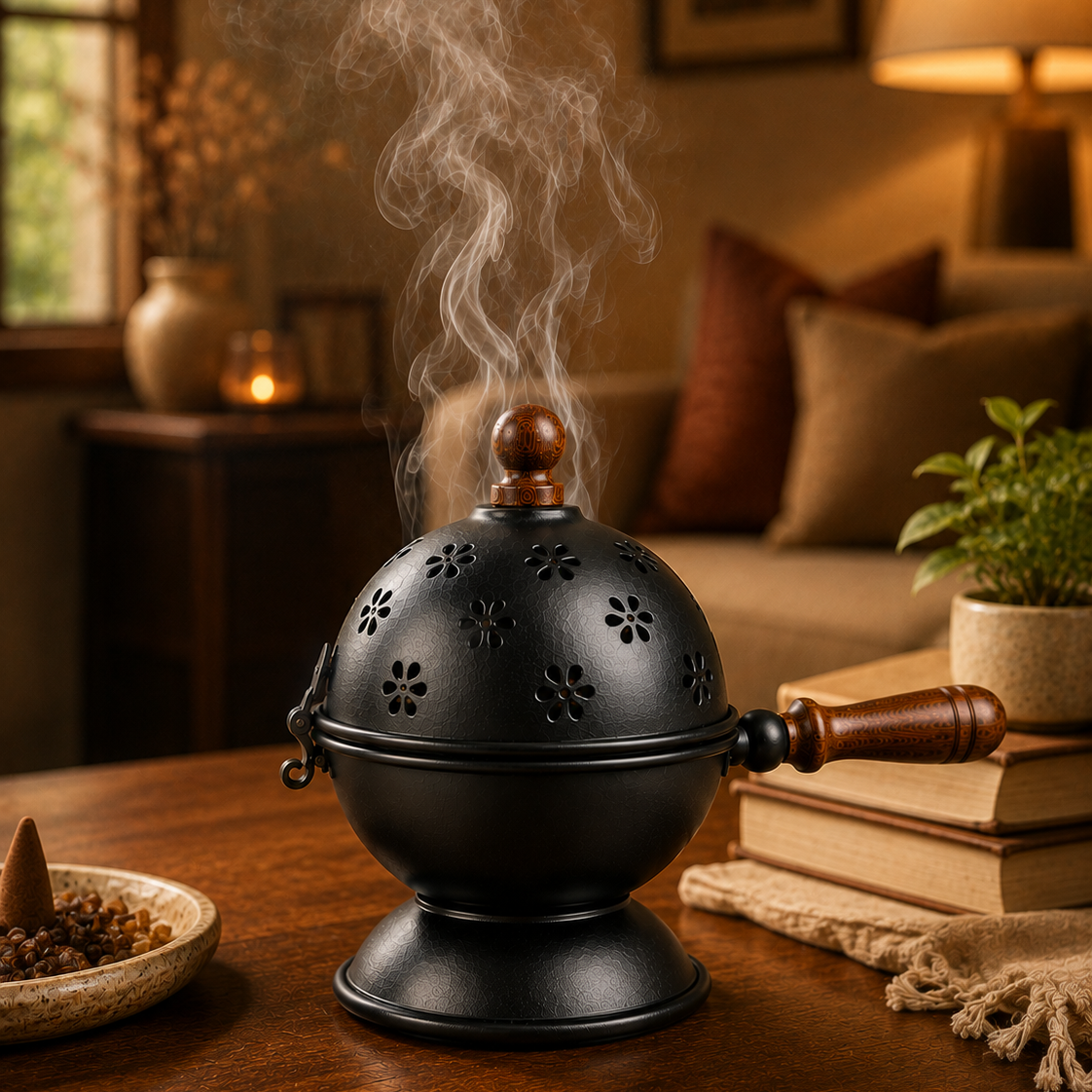 A black metal incense burner with a lid, shown steaming on a wooden table in a warm, cozy living room setting.