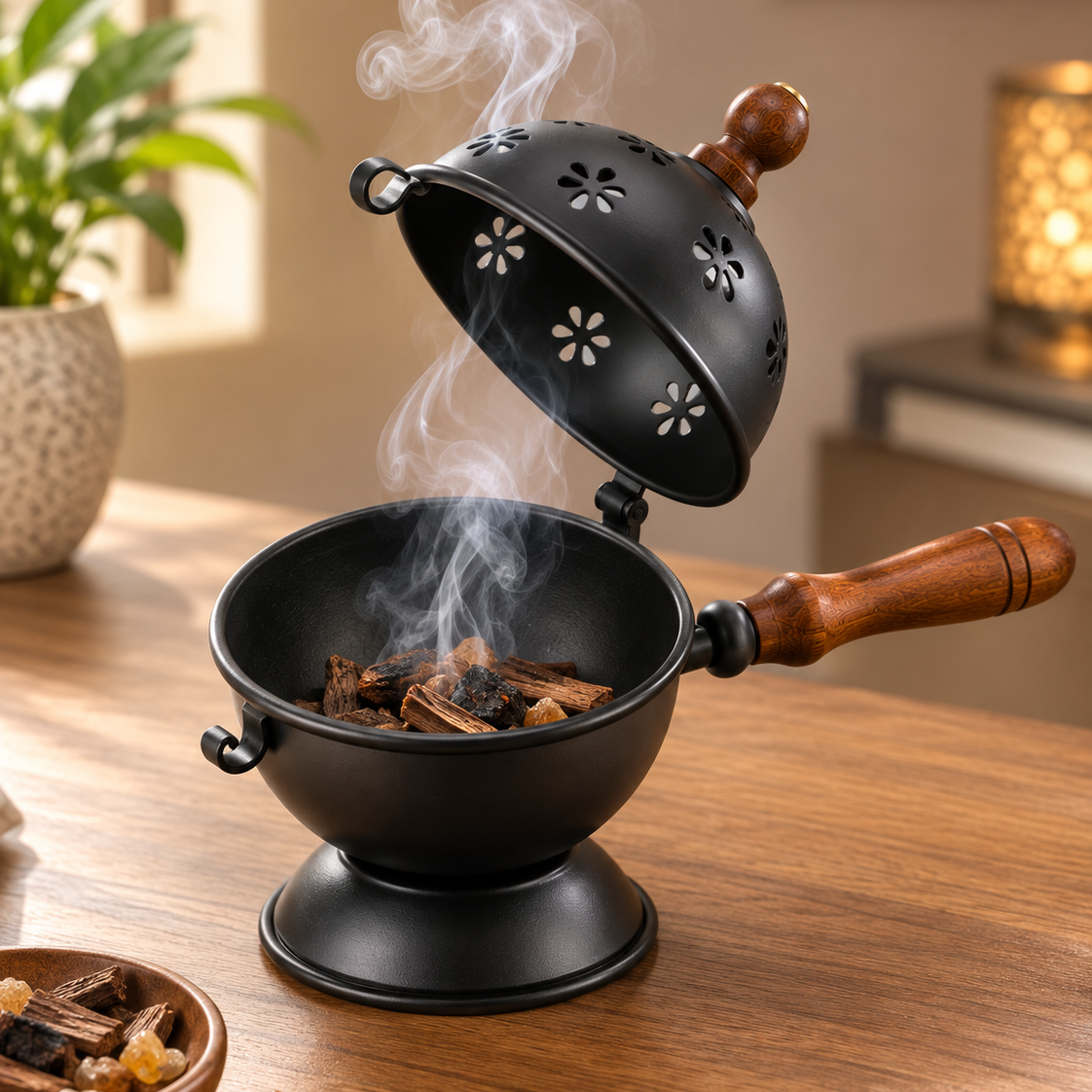 A black metal incense burner with a wooden handle and lid, shown on a wooden table with incense sticks and visible steam. The background features a softly blurred indoor setting with a potted plant and warm ambient light.