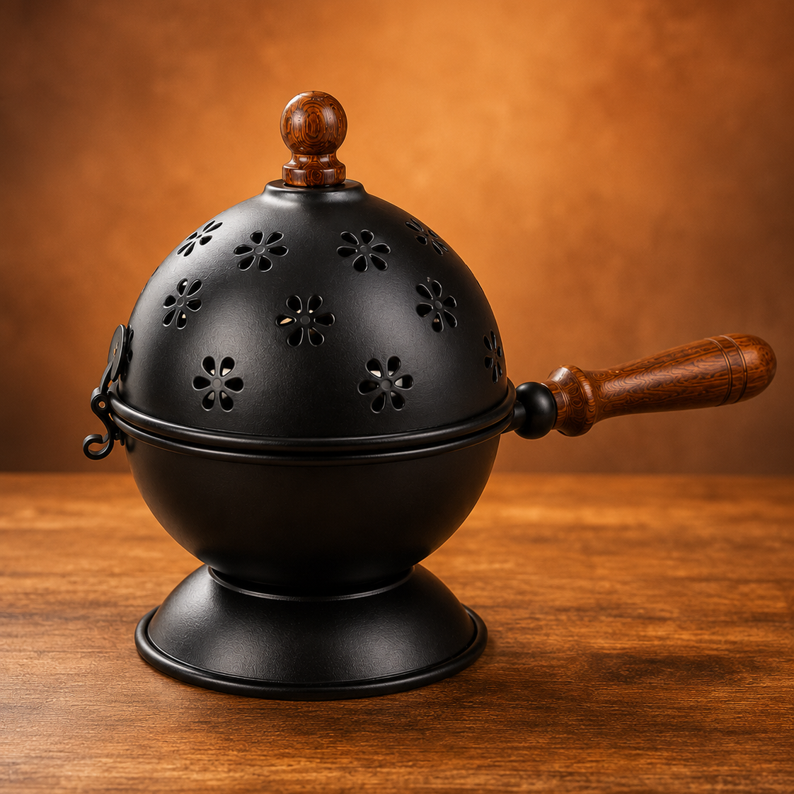 A black metal tea infuser with a round perforated lid, wooden handle, and wooden knob, displayed on a wooden table against a warm brown background.